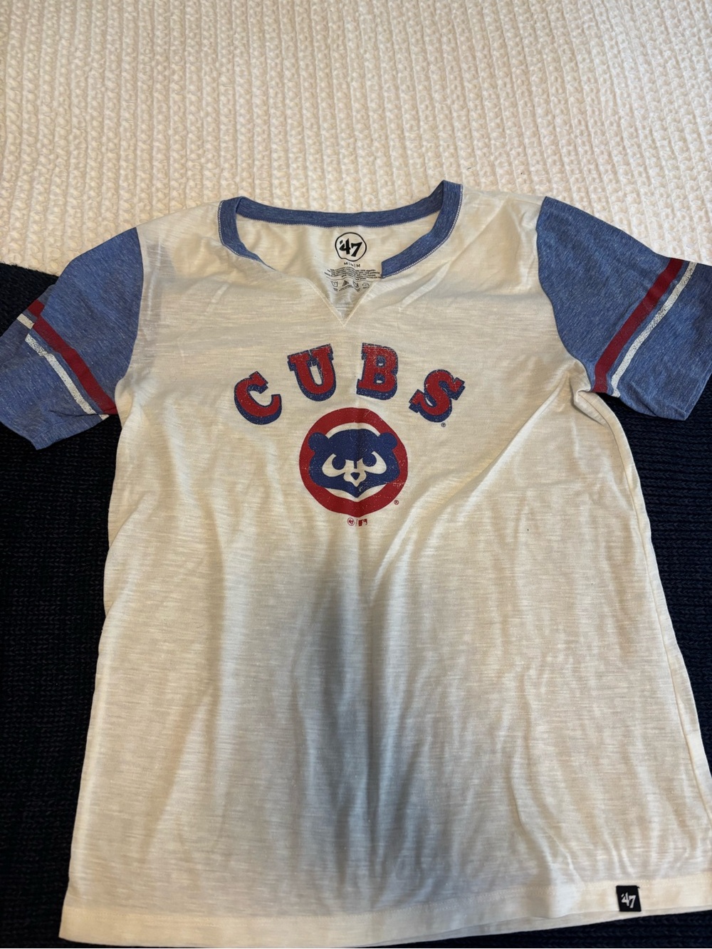 47 Women’s White Chicago Cubs Tee with Blue Sleeves and Red Cubs Logo